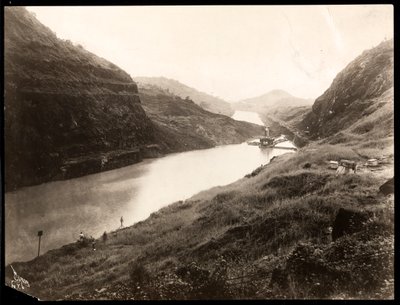 View of a freshly dug portion of the Panama Canal during construction, 1912 or 1913 by Byron Company